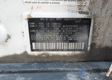 2012 Subaru Outback 2.5I Premium z USA, uszkodzony, nr VIN 4S4BRBGC3C3232729